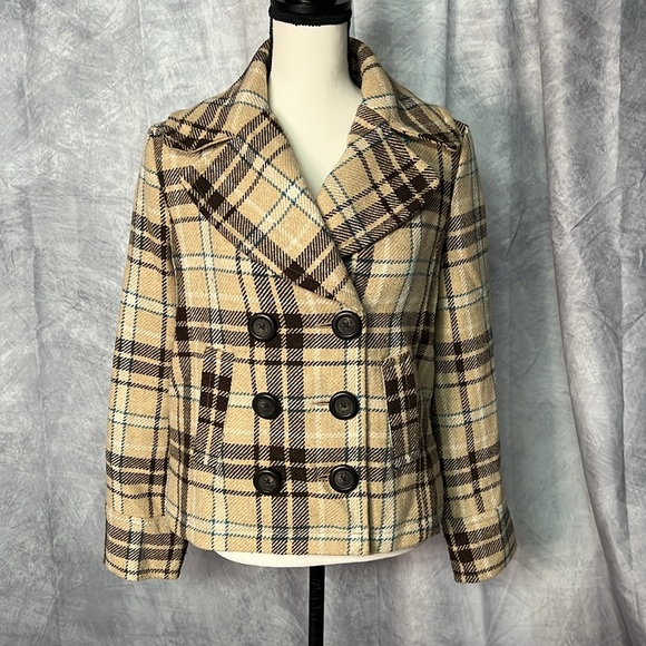 Merona Brown, Tan, Cream and Teal Cropped Pea Coat - Small - Picture 1 of 14